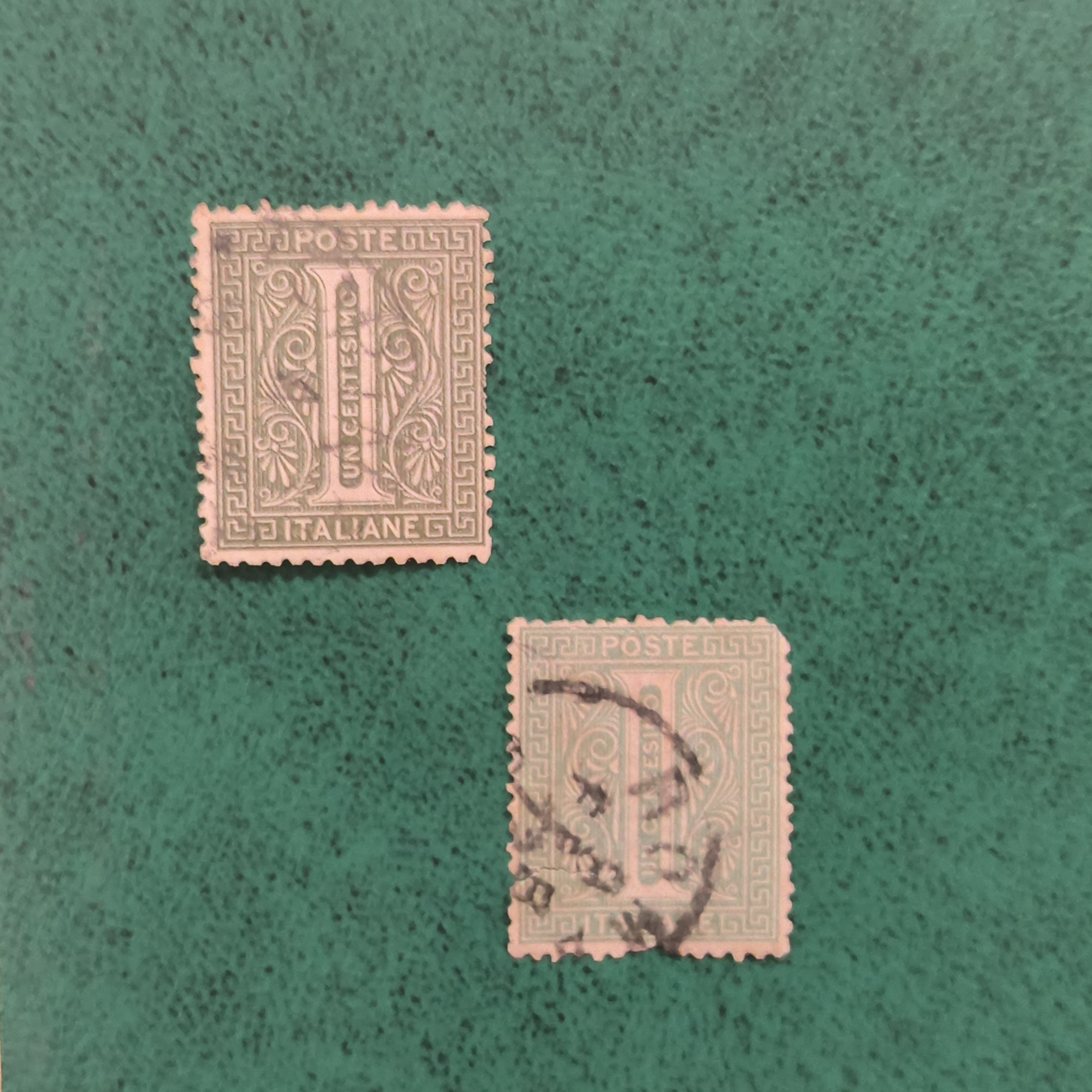 1c Olive green and Dark green stamps Italy 1874